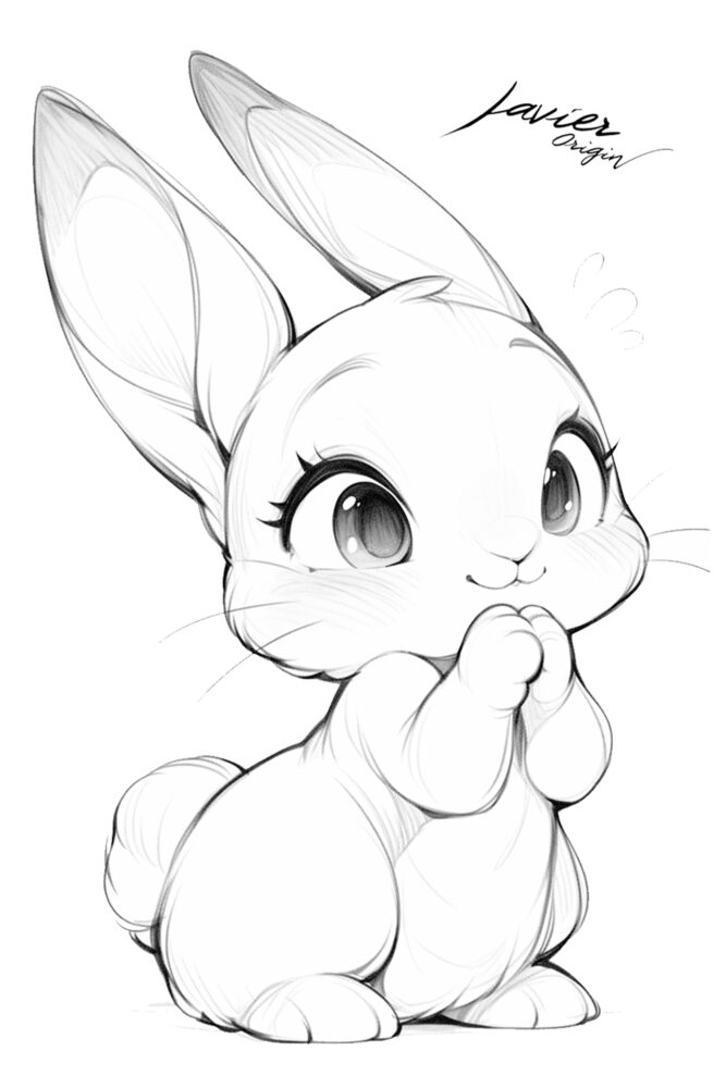 Conejo chibi sonriente con estilo kawaii y líneas suaves que transmiten alegría.