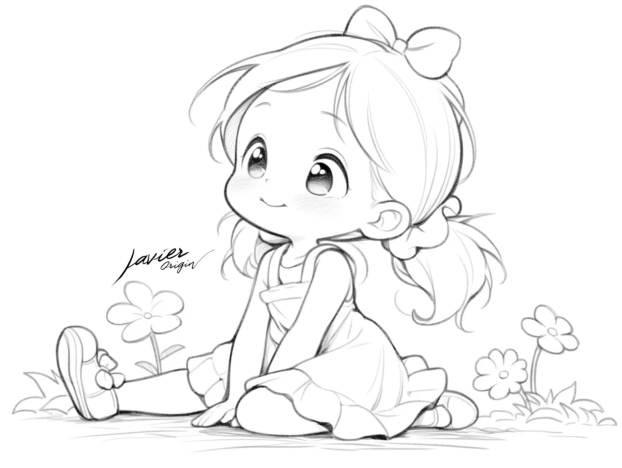 Chica anime kawaii sentada entre flores para colorear