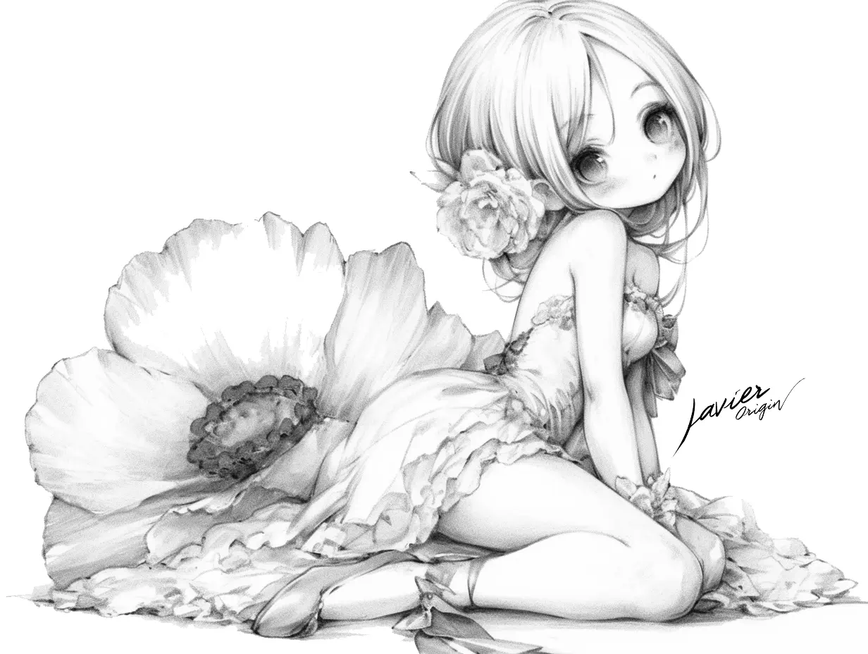 dibujo de chica anime estilo shoujo con vestido elegante y cabello largo para colorear