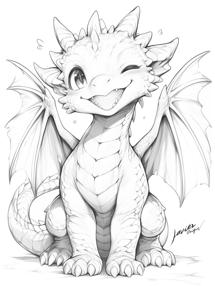 dragón chibi sonriendo y guiñando un ojo con alas abiertas