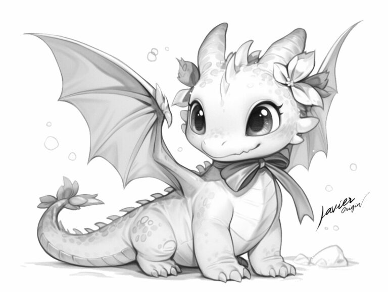 Dragón kawaii con flores y lazo