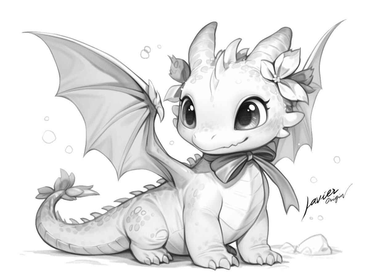 dragón bebé kawaii con flores en la cabeza y un lazo decorativo