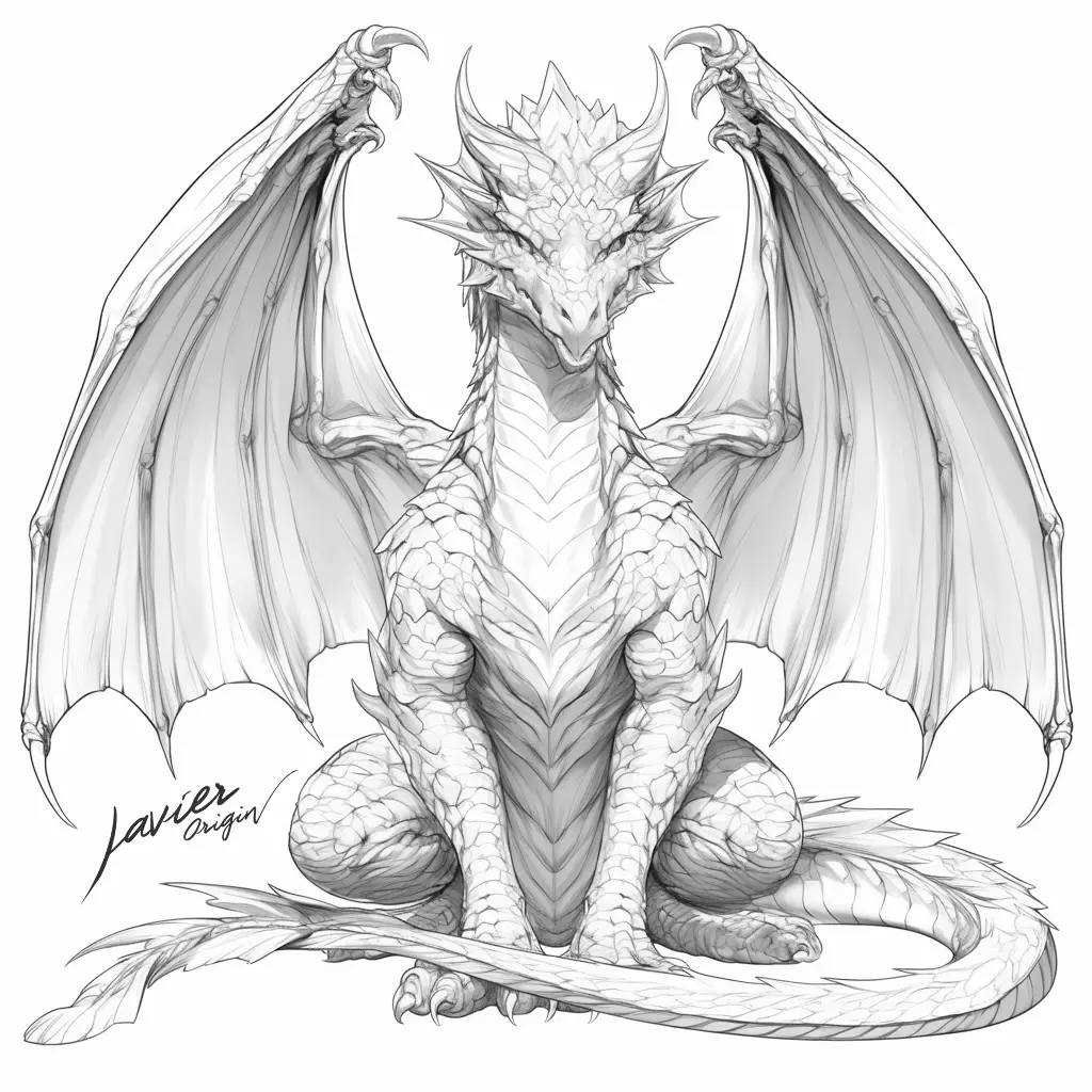 Dragón realista sentado de frente con alas abiertas, cuernos y cola alrededor de las patas, para colorear