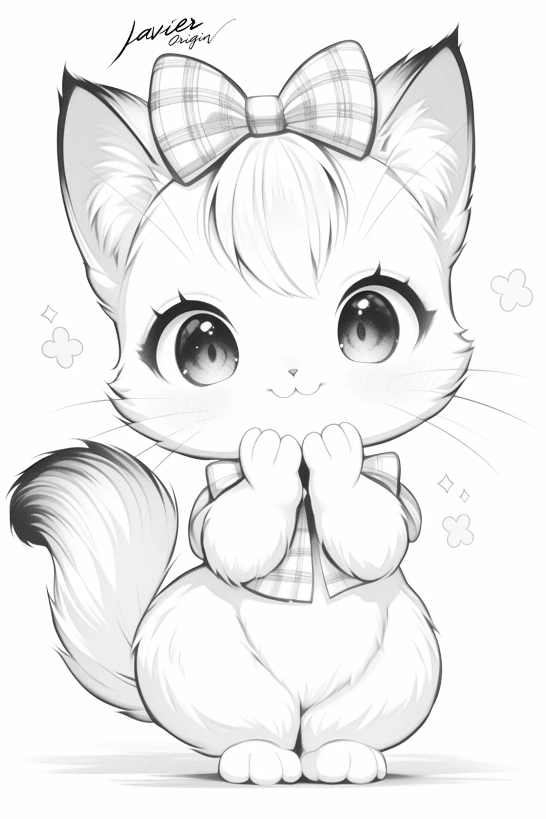 Kawaii kitten with a big plaid bow, in black and white