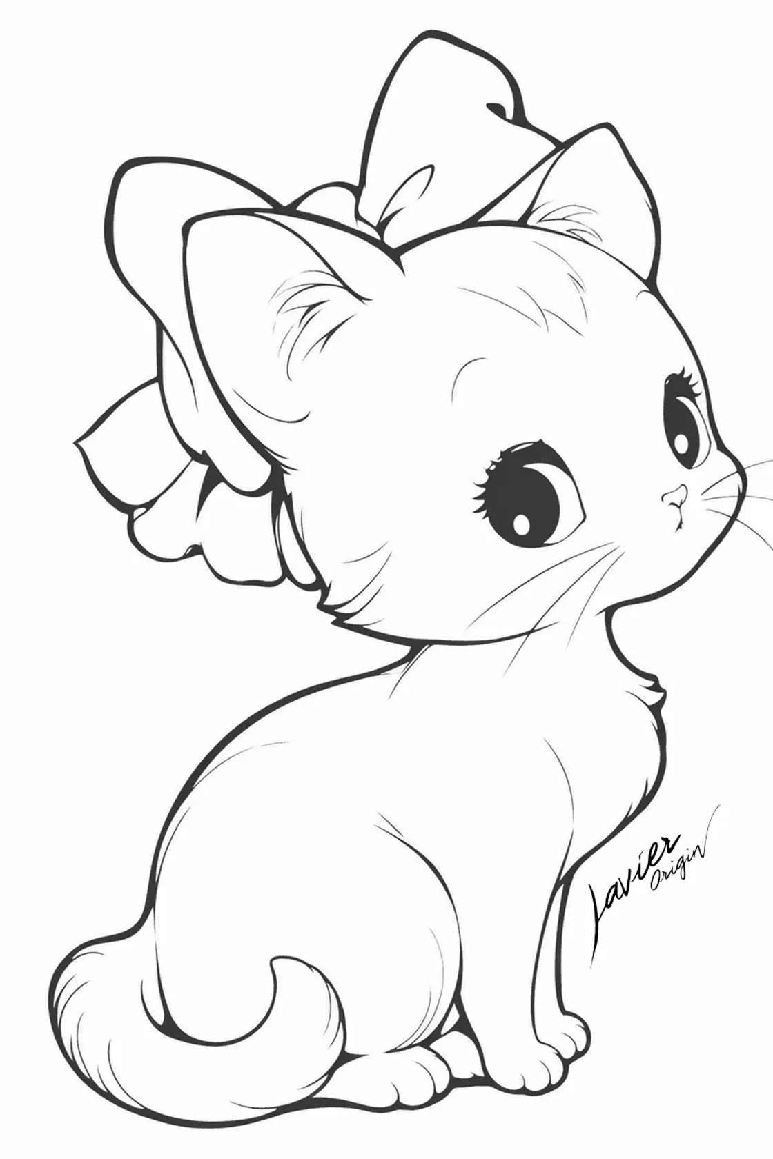 Kawaii kitten with a big bow to color