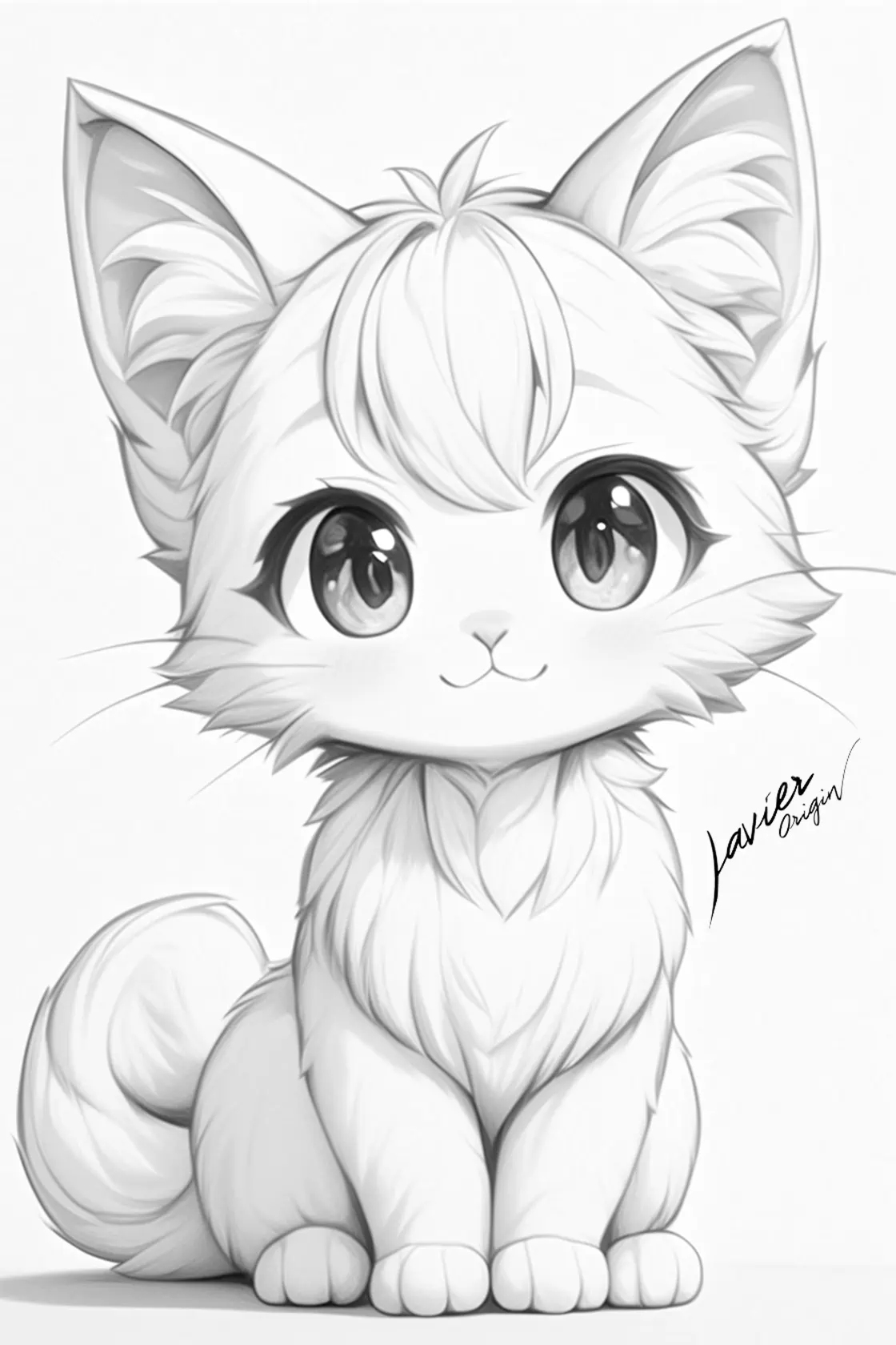 Kawaii kitten with bangs and big eyes, coloring page