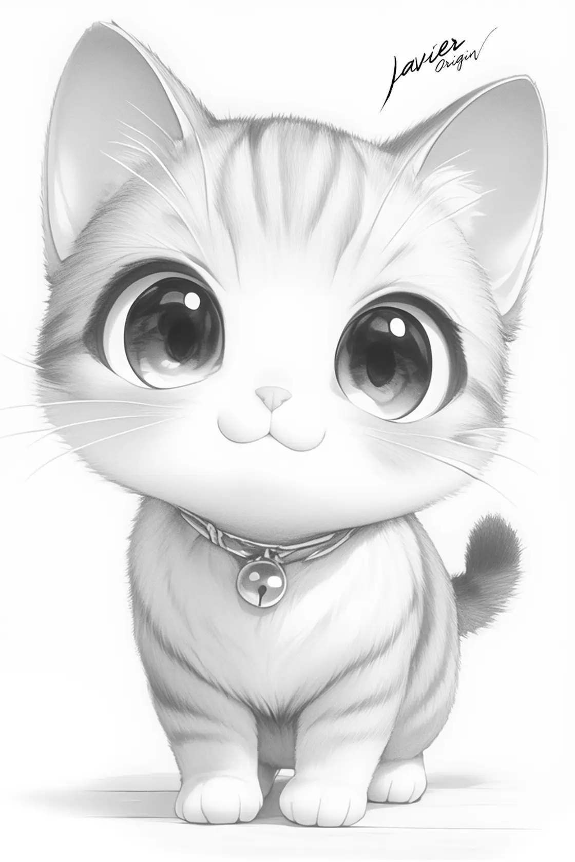Kawaii cat with a collar and bell, black-and-white illustration