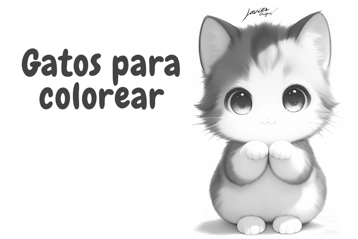 dibujo de gato kawaii esponjoso en formato 4:5 para colorear e imprimir
