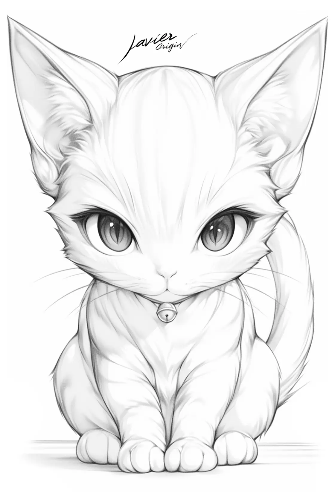 Seated kawaii kitten, black-and-white coloring page