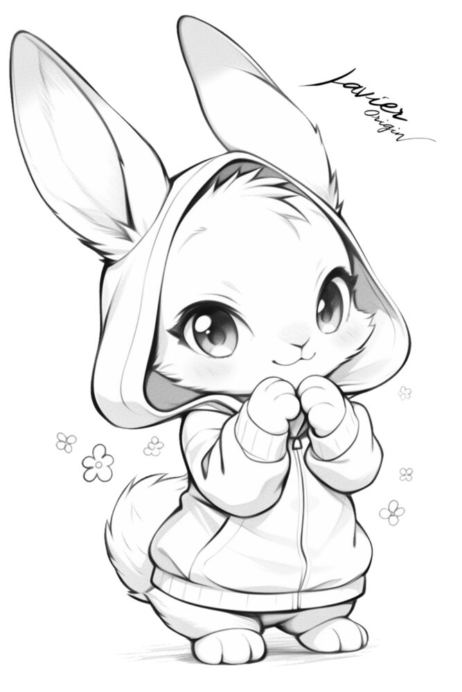 Conejo chibi bebé con ojos grandes y gesto tímido, ilustración kawaii suave y adorable