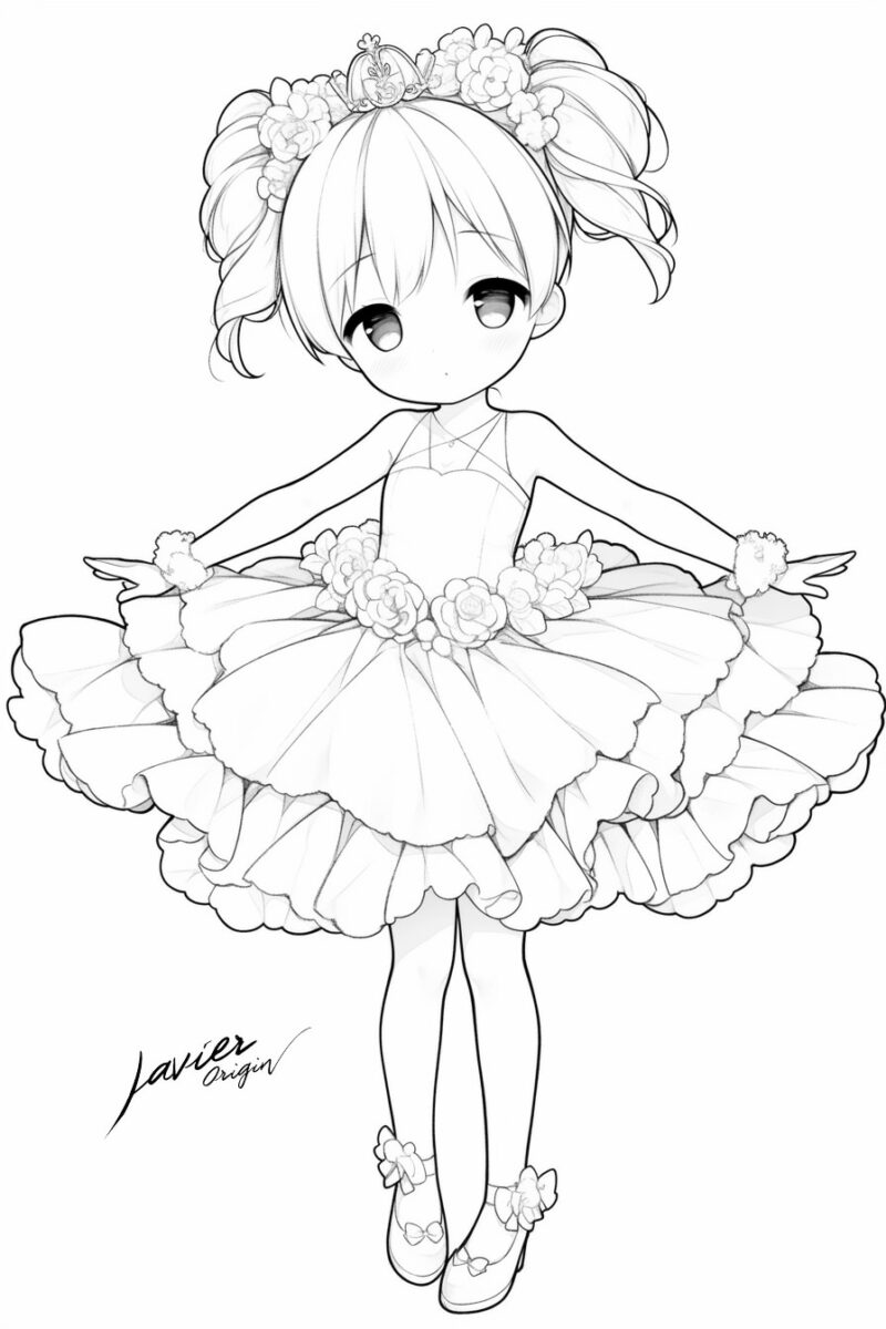 ilustración kawaii de bailarina con vestido de volantes para colorear
