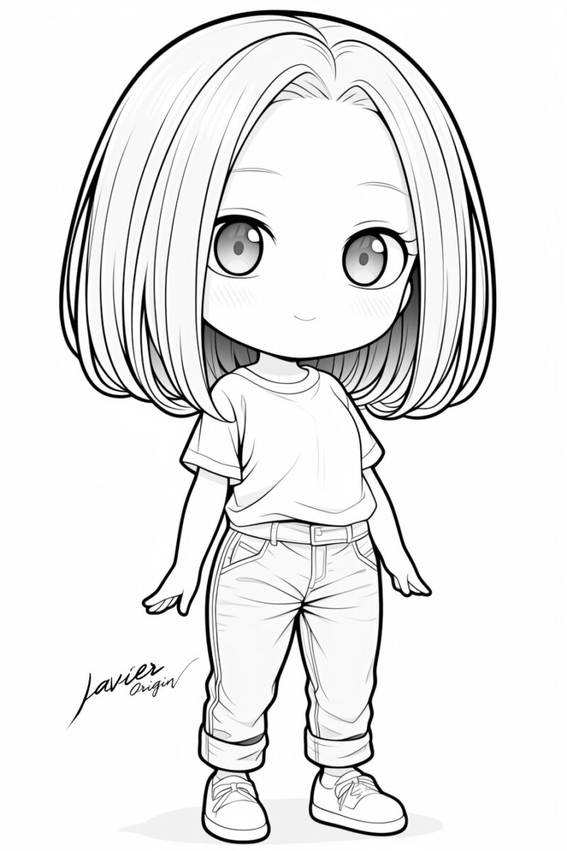 dibujo kawaii de niña con camiseta y pantalones para colorear