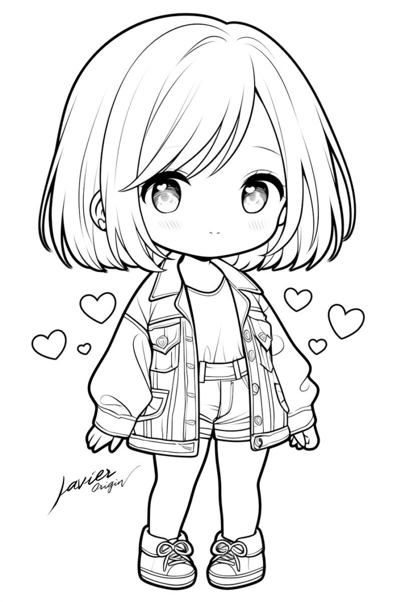 muñeca kawaii con chaqueta de jean y corazones para colorear