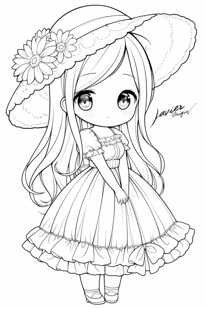 muñeca kawaii con sombrero grande y flores para colorear