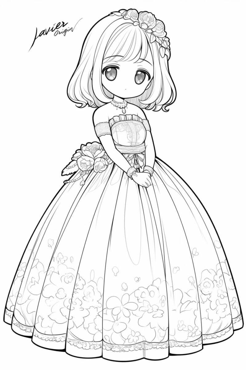 muñeca kawaii con vestido largo de gala para colorear