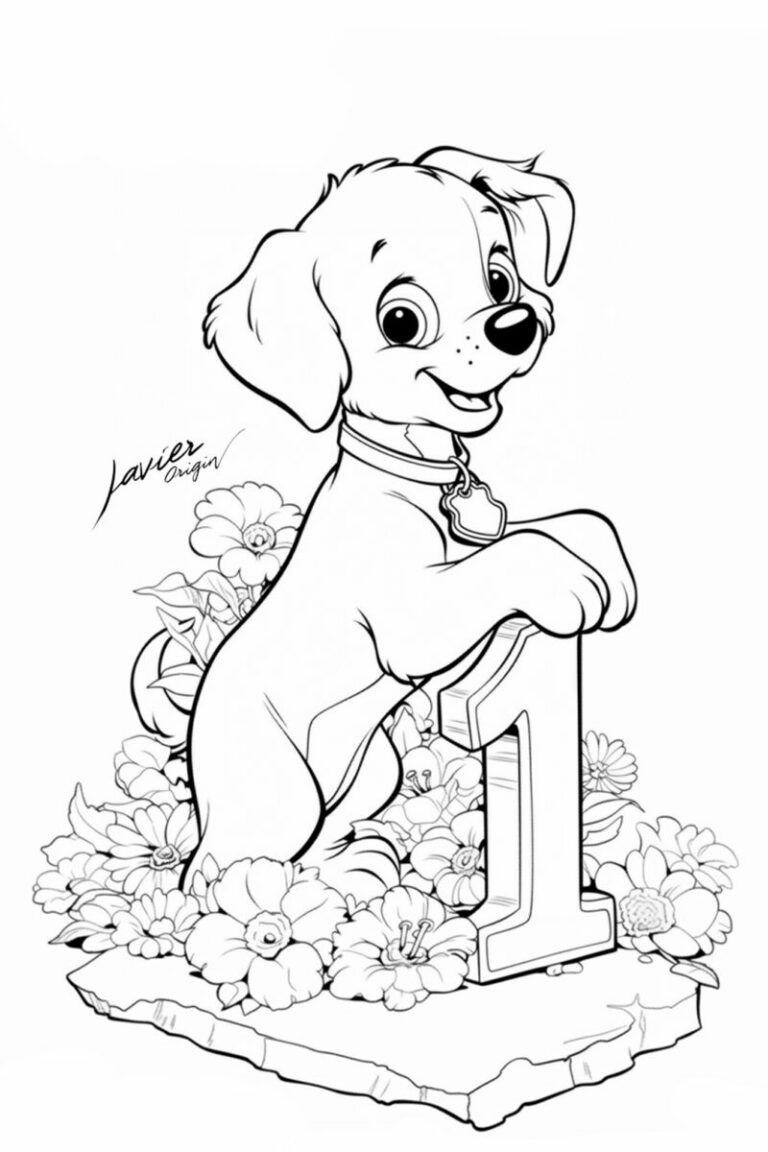 Dibujo de perrito con el número 1 para colorear
