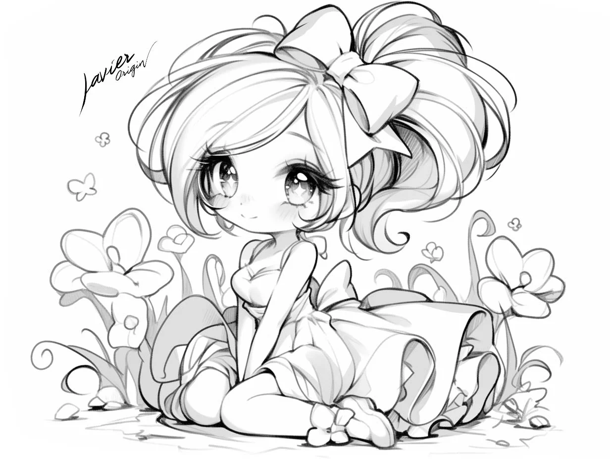 Personaje anime chibi con gran lazo para colorear