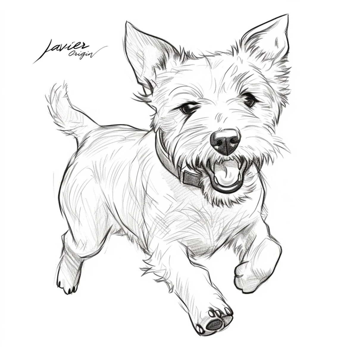 Dibujo de Plummer Terrier corriendo, con collar, orejas erguidas y una pata delantera levantada para colorear