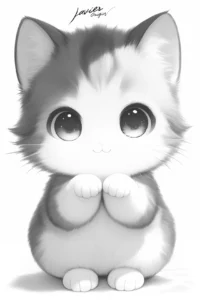 Gato kawaii esponjoso con pelaje suave para colorear y descargar