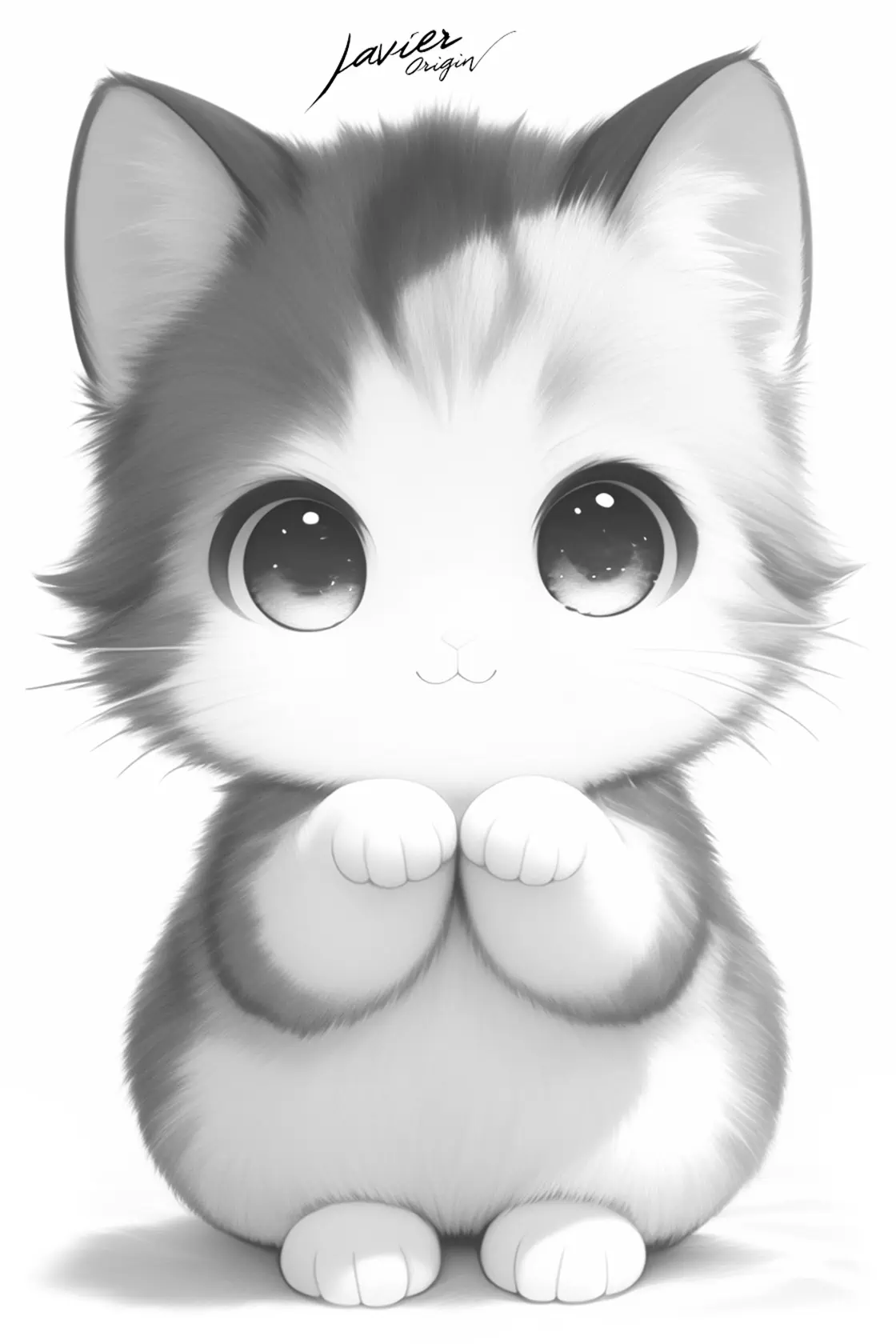 Fluffy kawaii kitten with a full coat to color
