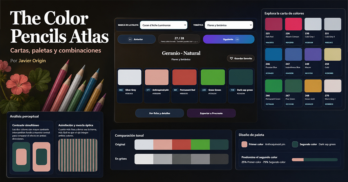 The Color Pencils Atlas con cartas de colores, paletas y herramientas de análisis cromático de Javier Origin