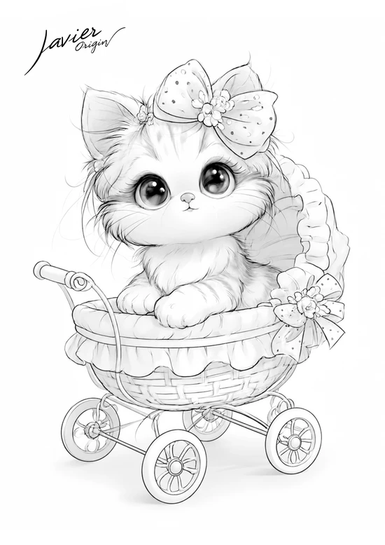 gatito en un cochecito para colorear