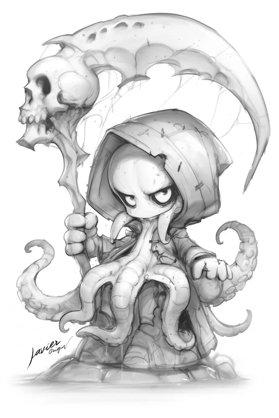Dark Octopus con la Guadaña de Achron, personaje del universo de Javier Origin