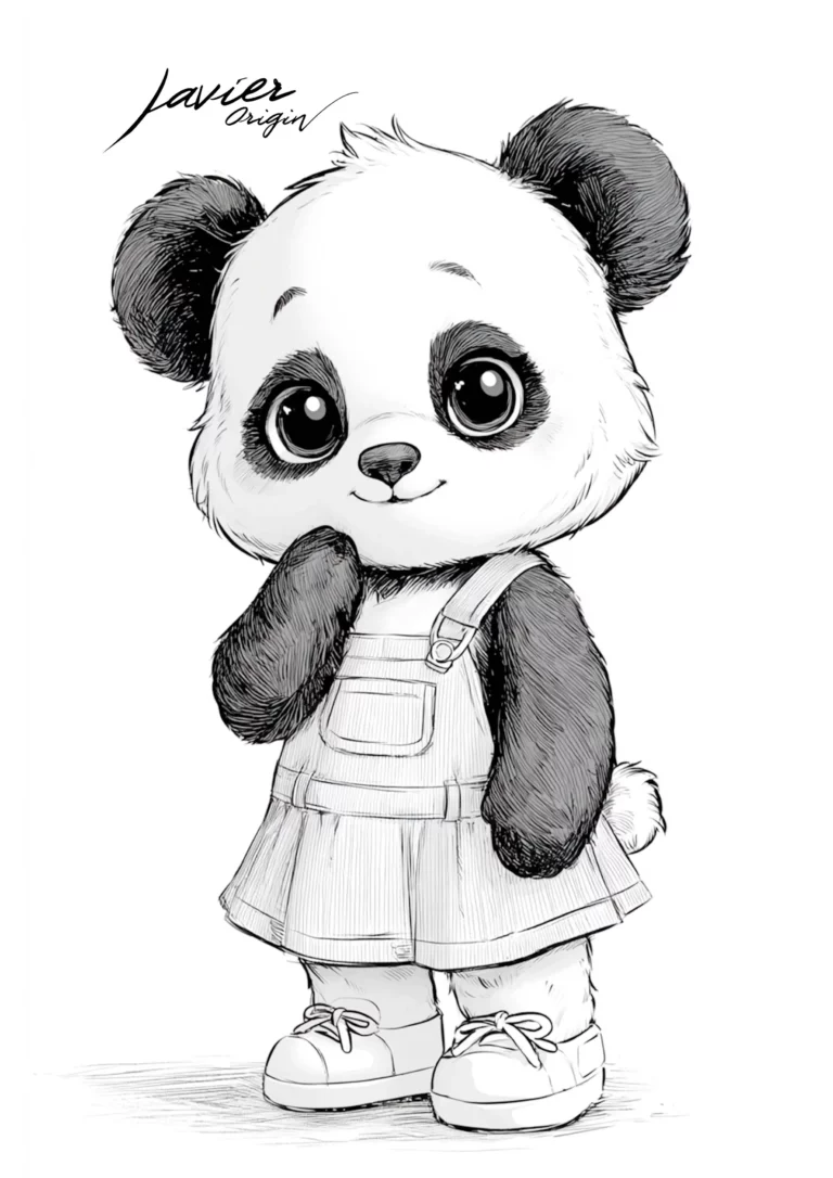 Oso panda kawaii con vestido para colorear