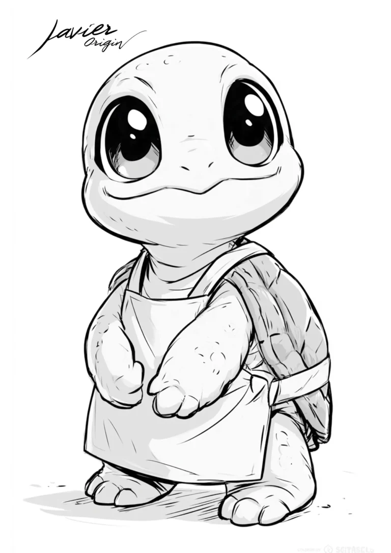 Tortuga kawaii con delantal para colorear