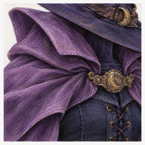 Paleta Polychromos para capa y atuendo de bruja violeta y dorado