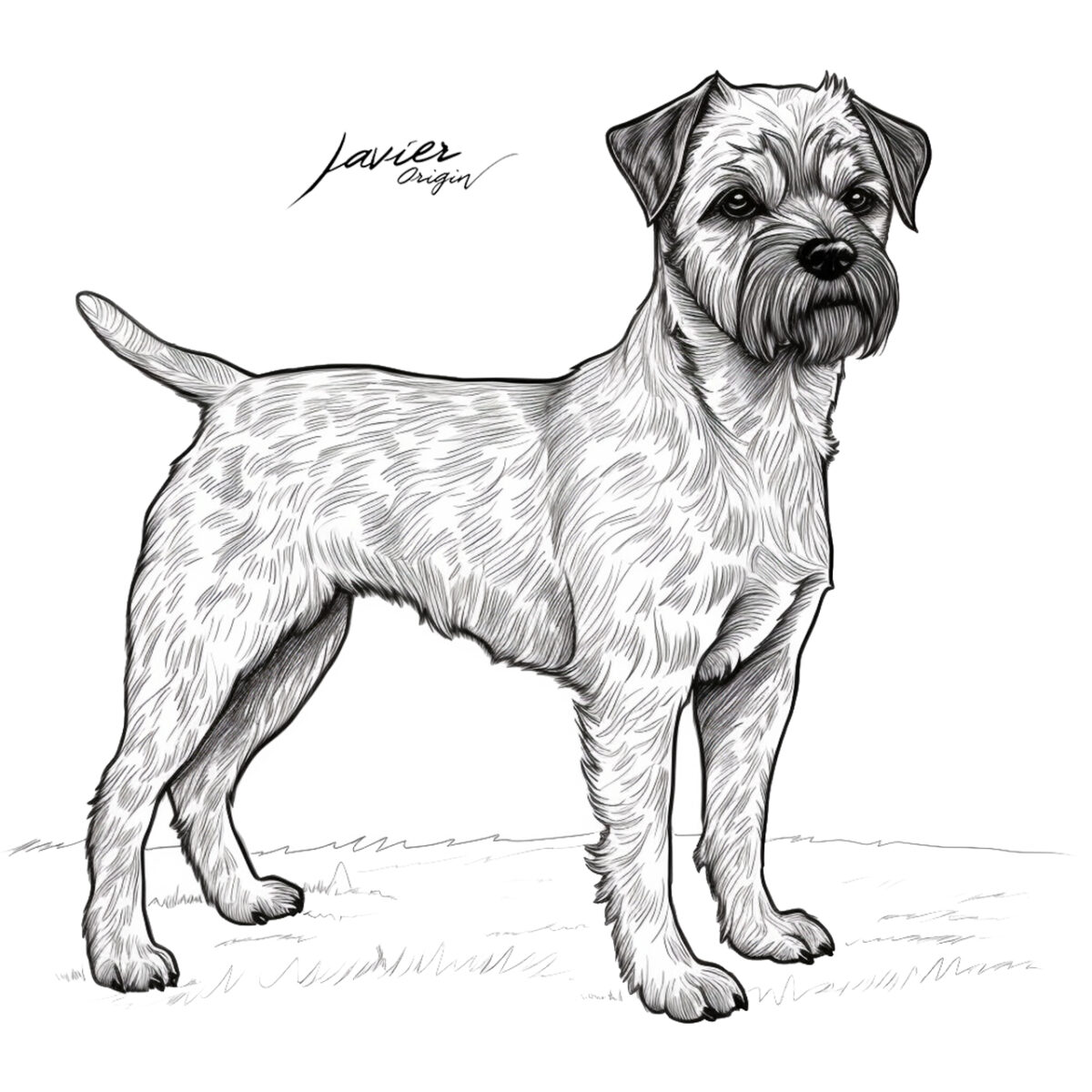 Border Terrier para colorear, de pie, con barba y pelaje de trazos finos