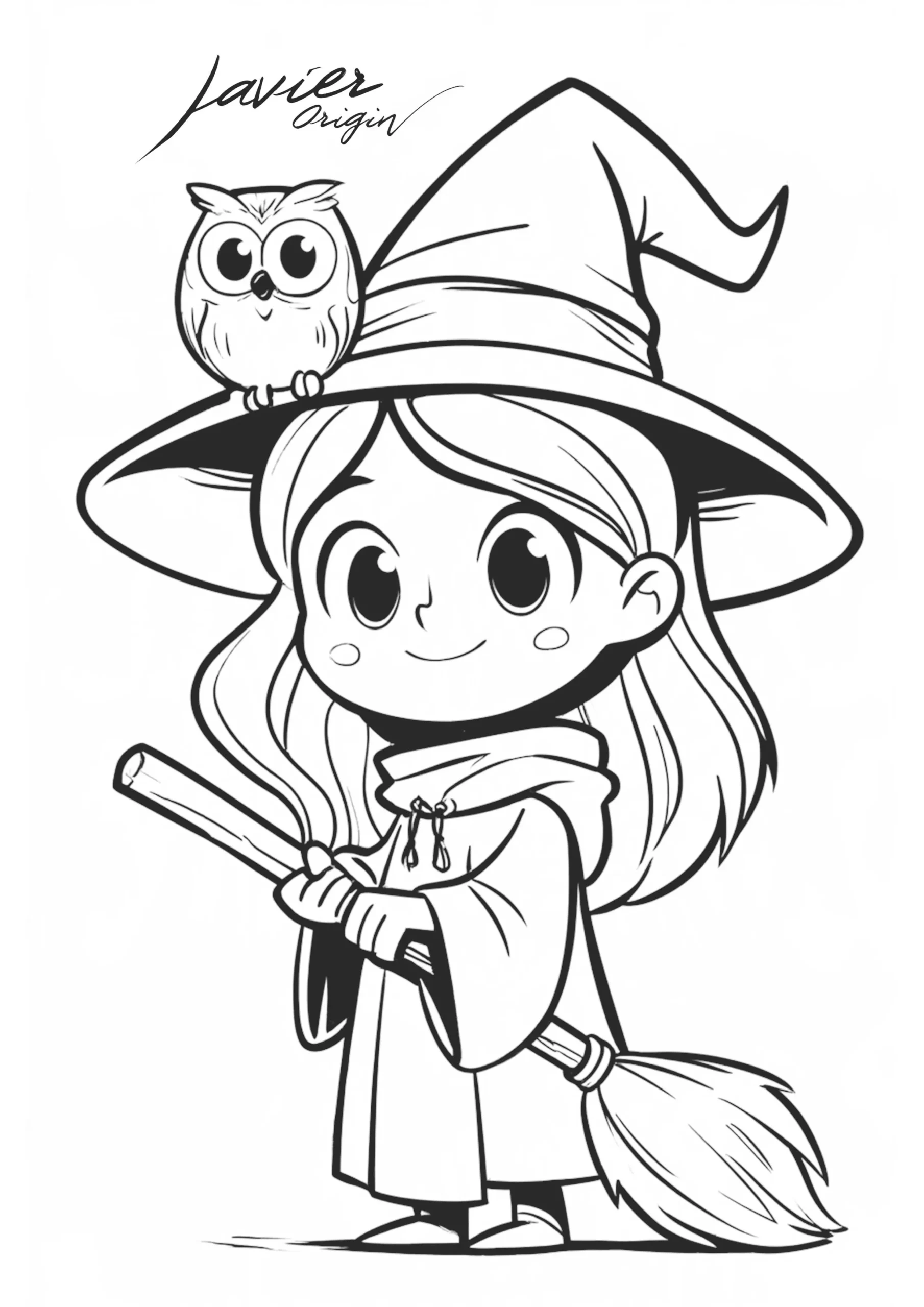 Brujita kawaii con un búho sobre el sombrero y una escoba para colorear