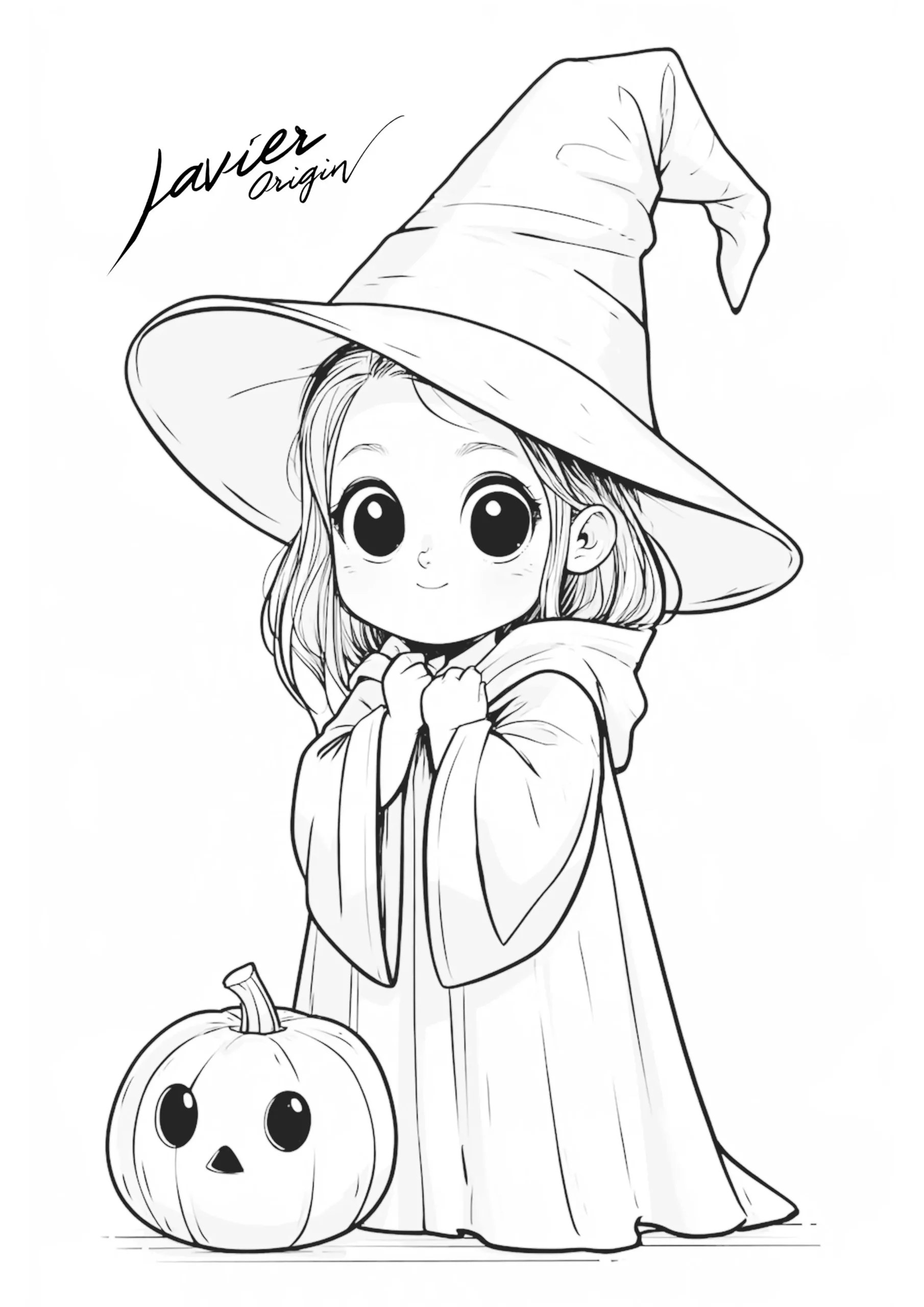 Bruja kawaii con sombrero y capa junto a una calabaza de Halloween para colorear