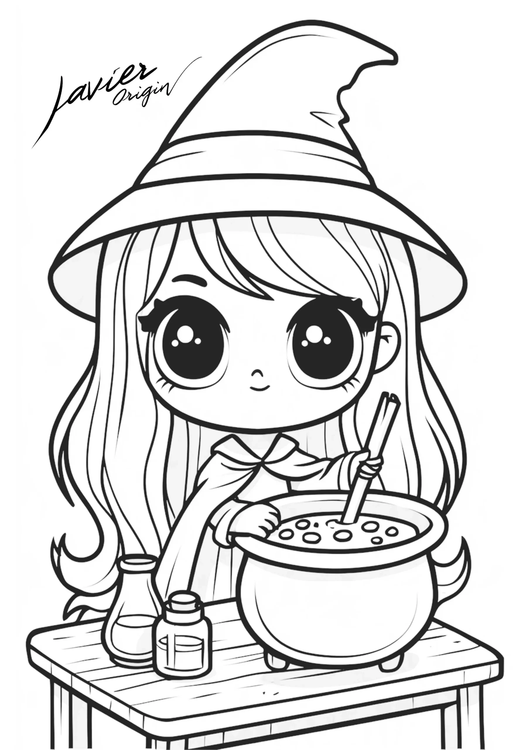 Brujita kawaii preparando una poción en un caldero sobre una mesa para colorear
