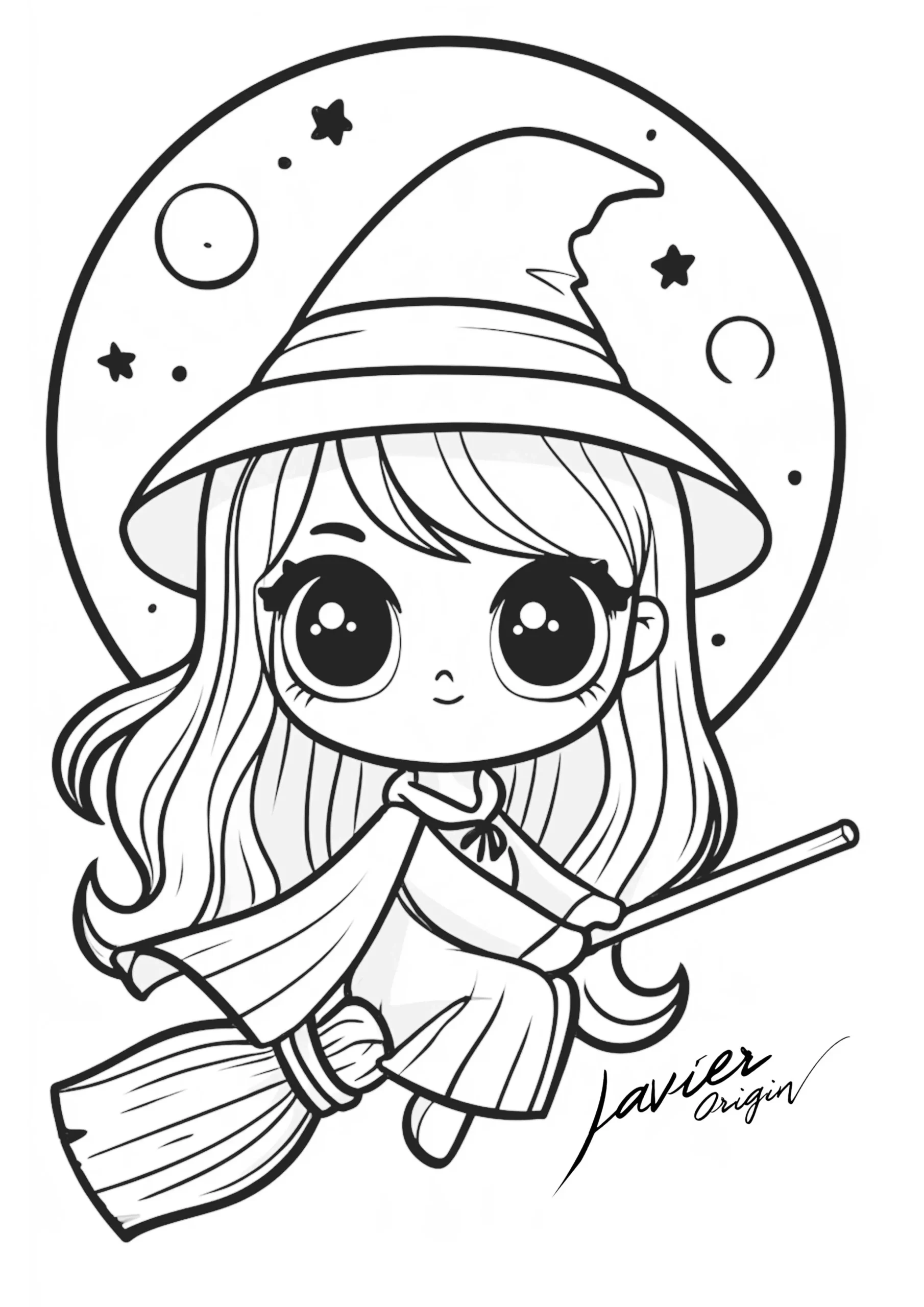 Bruja kawaii volando en escoba delante de la luna y las estrellas para colorear