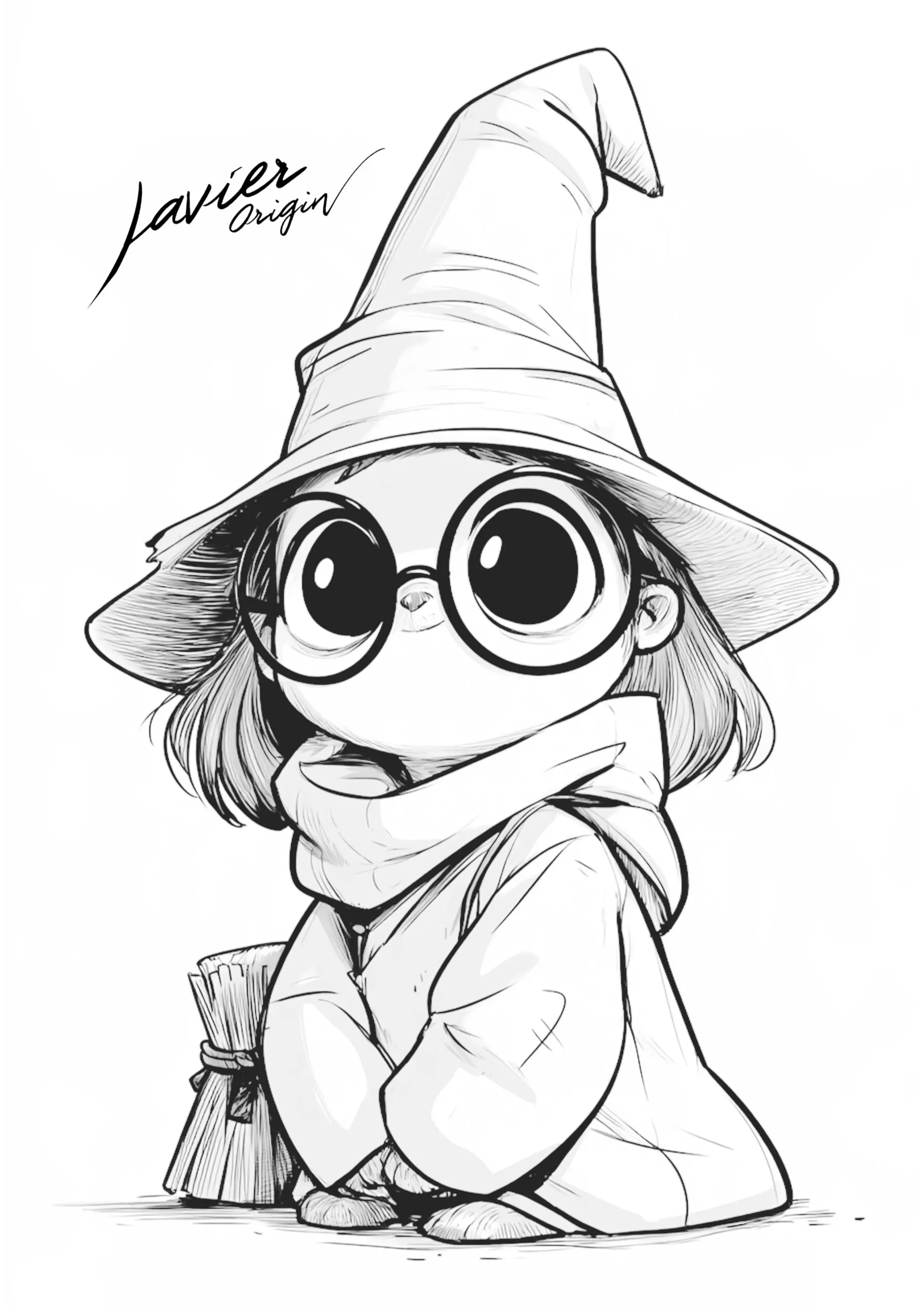 Brujita kawaii con gafas redondas, bufanda y escoba para colorear