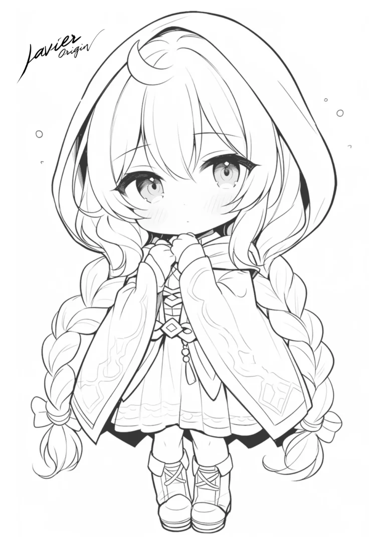 Chica anime chibi con capucha y trenzas para colorear