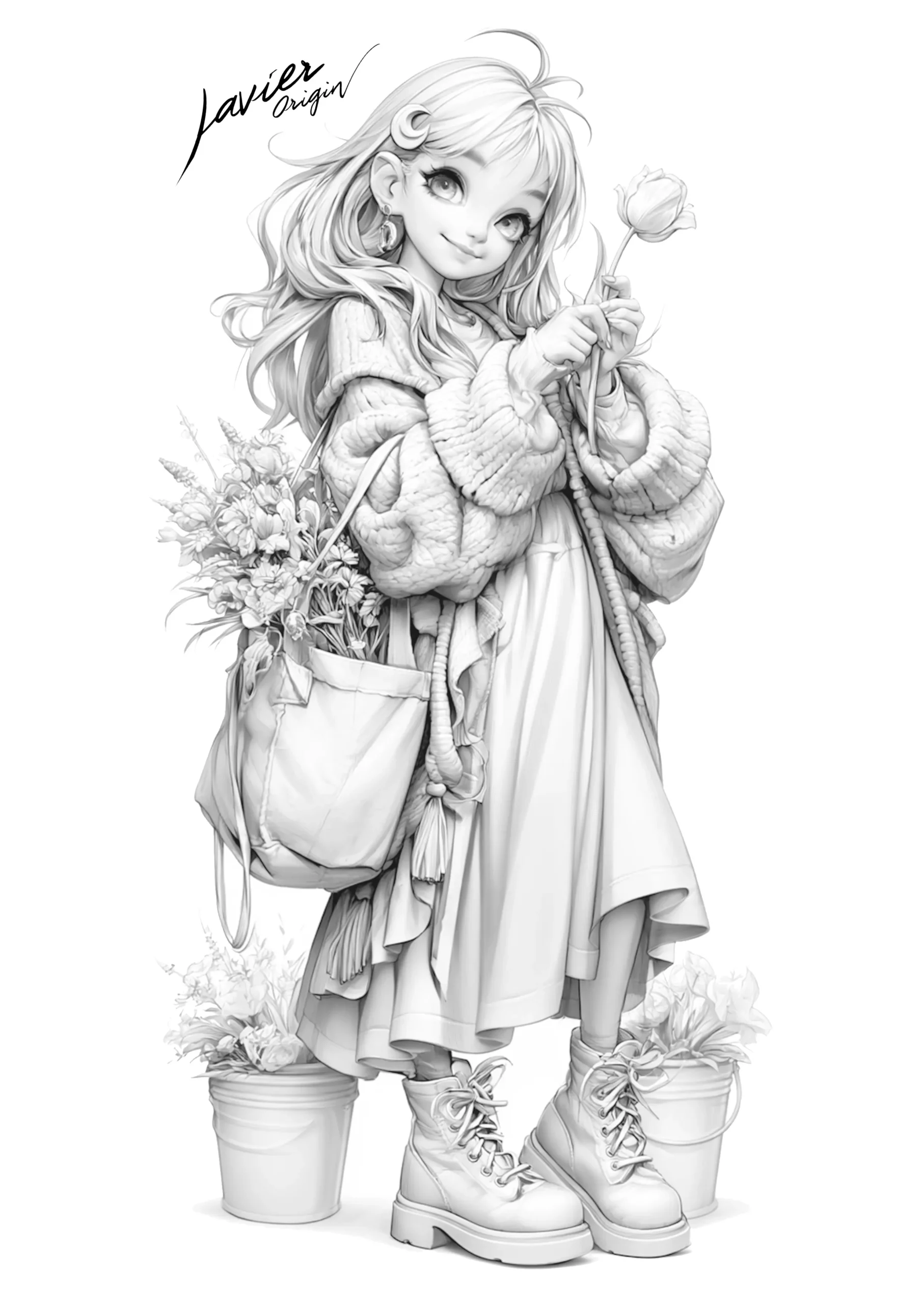 Chica anime cottagecore de cuerpo completo con cárdigan, vestido, botas y flores para colorear