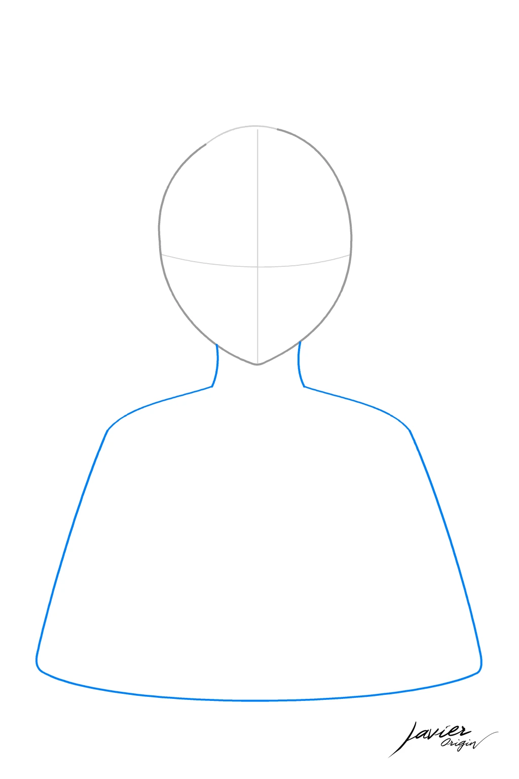 Cabeza de chica anime con cuello, hombros y base amplia del torso añadidos en el paso 2.