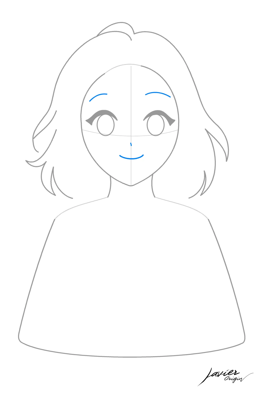 Rostro de chica anime con cejas, nariz pequeña y sonrisa añadidas en el paso 5.
