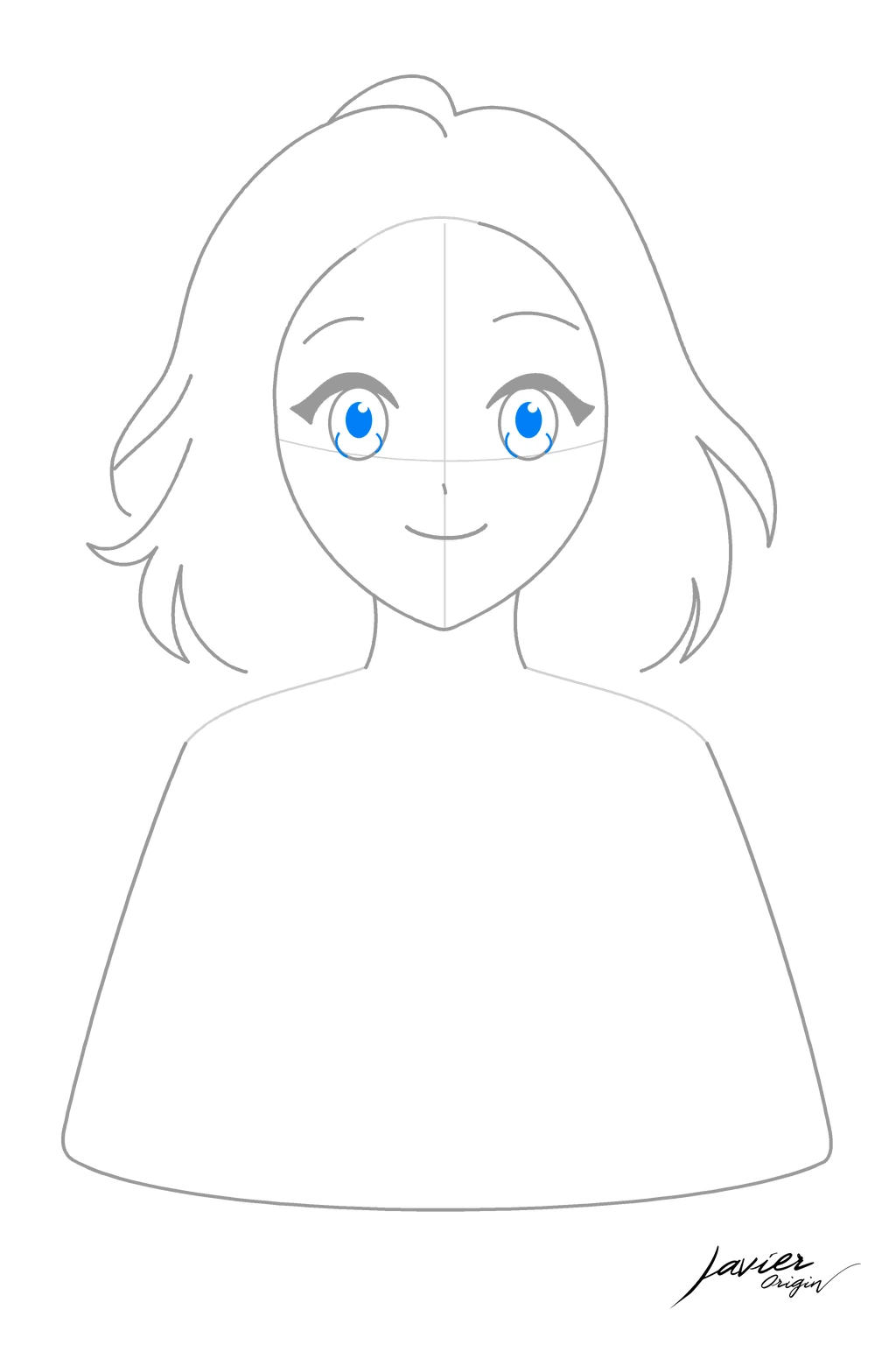 Ojos de chica anime con iris, pupilas y brillos blancos incorporados en el paso 6.