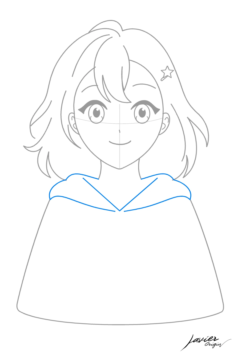 Capucha de sudadera dibujada alrededor del cuello de la chica anime en el paso 9.