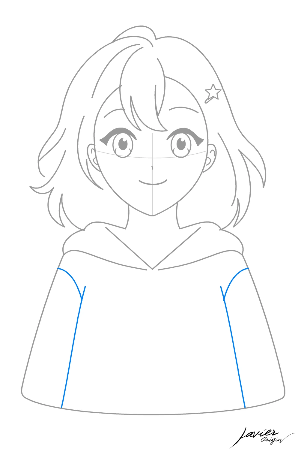Mangas amplias de la sudadera de una chica anime separadas del torso en el paso 10.
