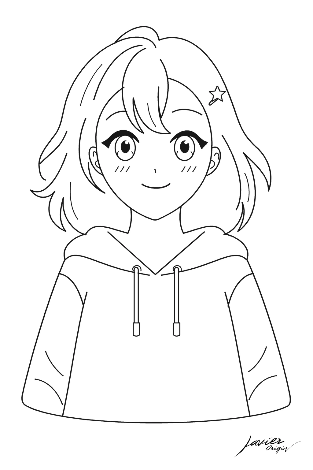 Chica anime terminada con ojos grandes, flequillo, pinza de estrella y sudadera, lista para colorear.