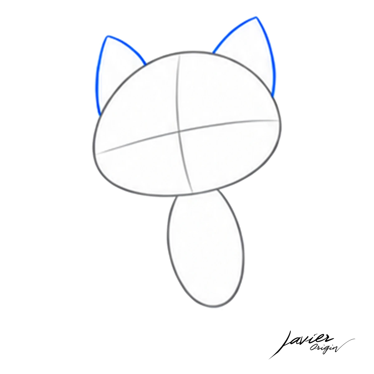 Dos orejas triangulares con bordes suaves sobre la cabeza del gato kawaii.