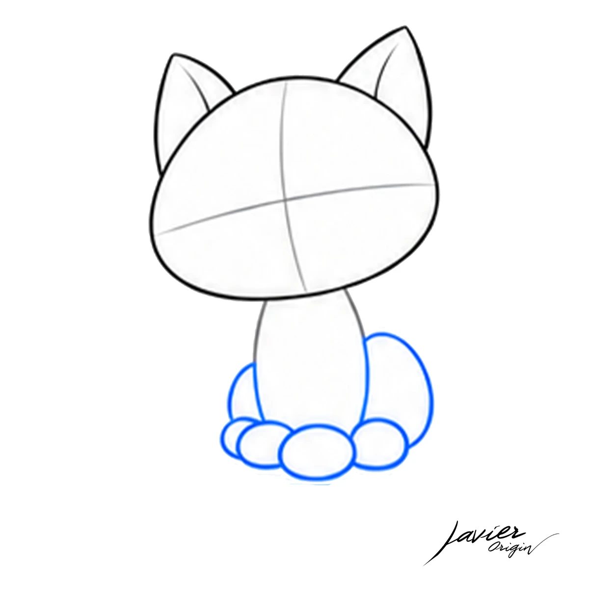 Construcción de las patas del gato sentado con pequeños óvalos y formas curvas laterales.