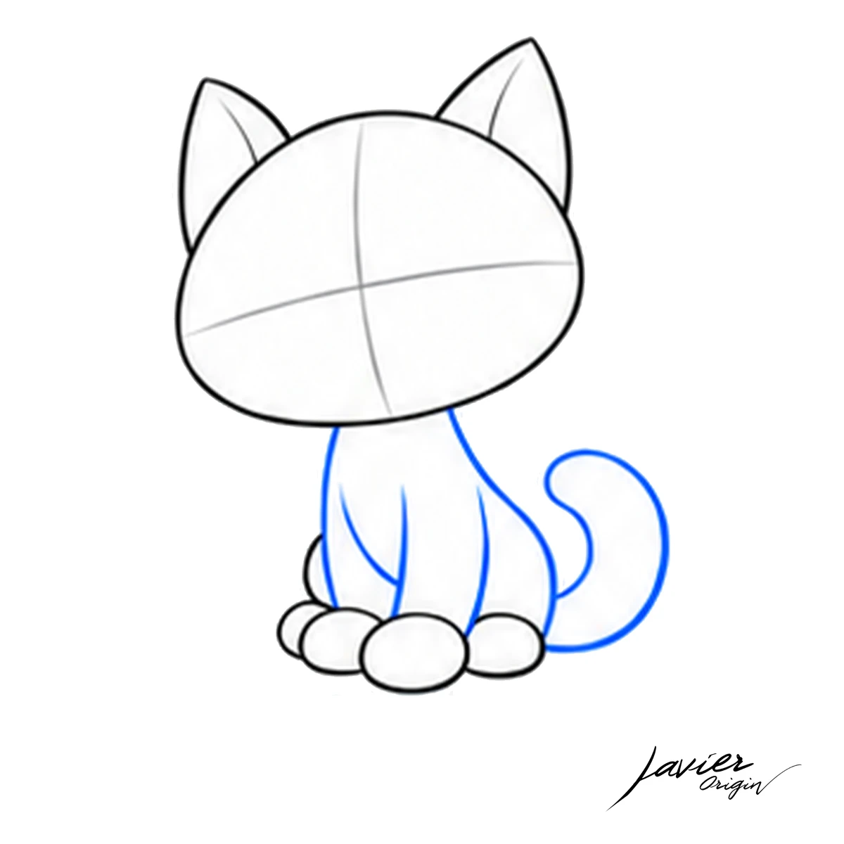 Contorno del cuerpo, patas delanteras y cola curvada del gato kawaii.