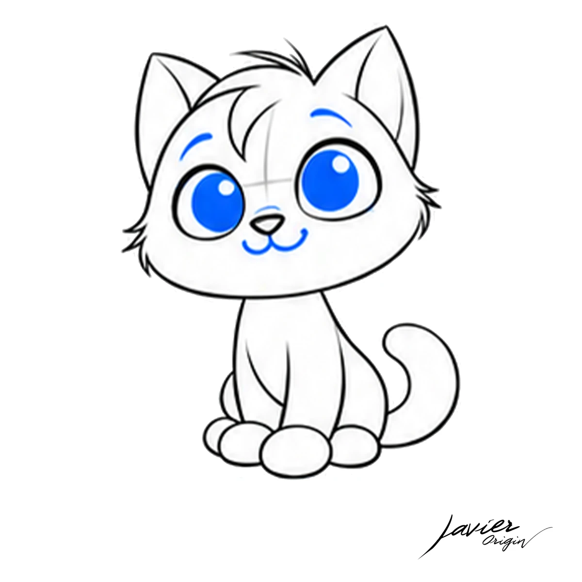Ojos con brillos blancos, cejas curvas y boca sonriente del gato kawaii.