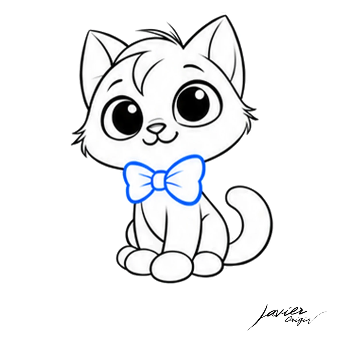 Gato kawaii con una pajarita formada por un nudo central y dos lazos redondeados.