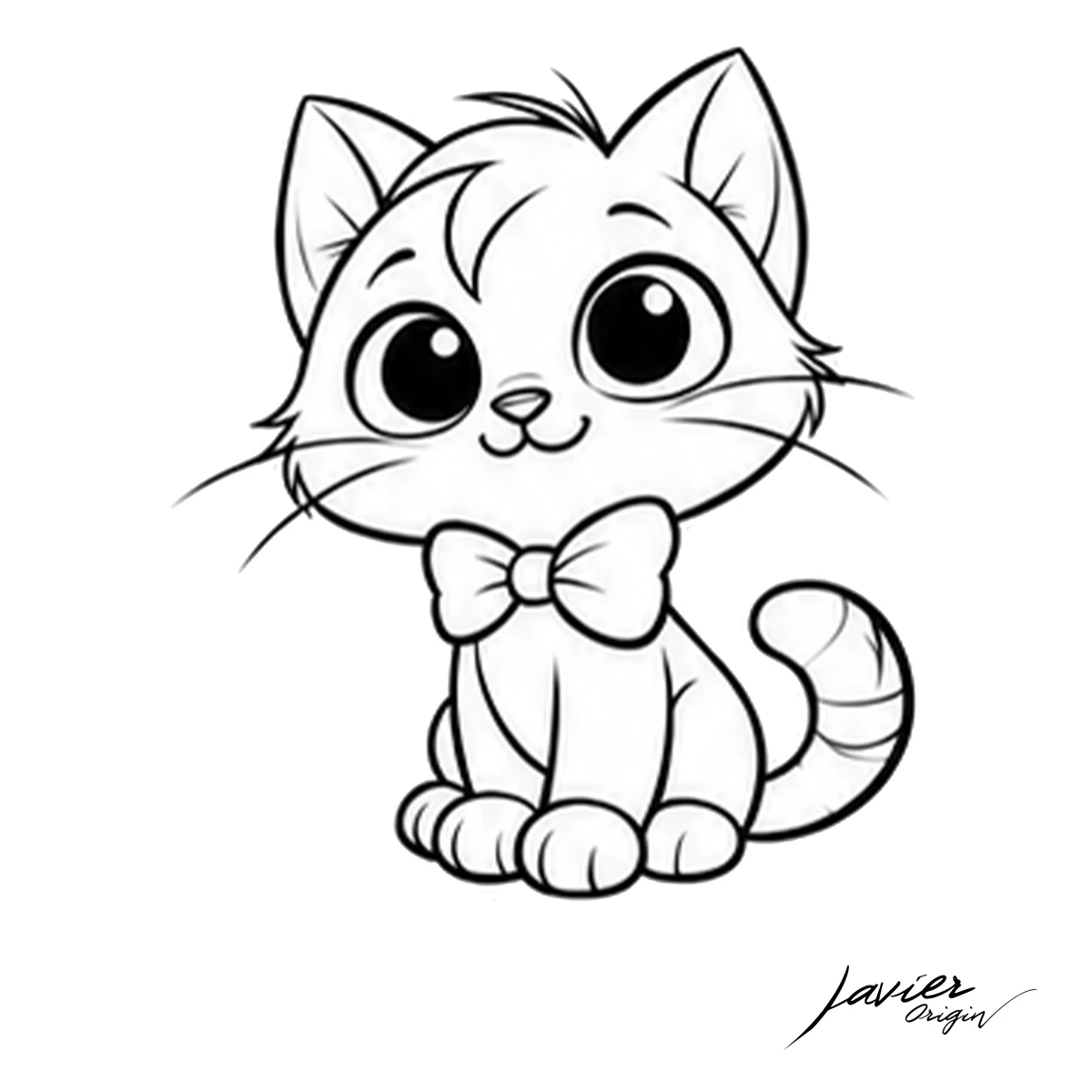 Gato kawaii terminado con ojos grandes, pajarita, bigotes y cola a rayas, firmado por Javier Origin.